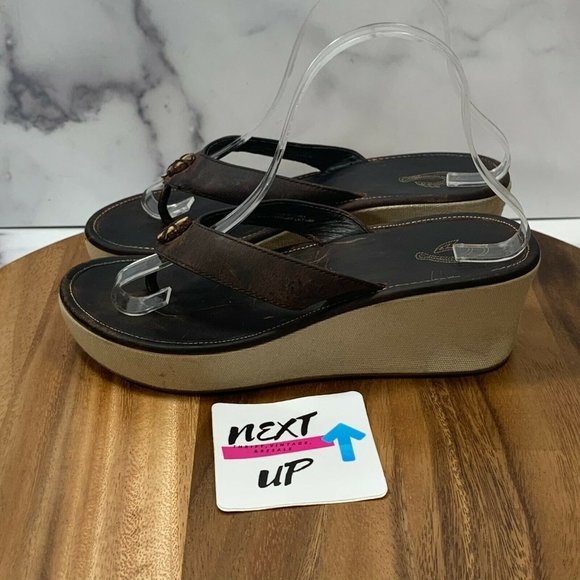 OluKai Shoes Olukai Womens Melia Brown Leather Comfort Slip On Wedge Thong Sandal Size Us 8